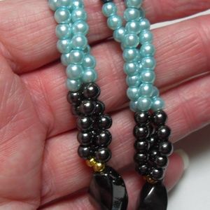Vintage Hematite and blue pearl necklace, glass